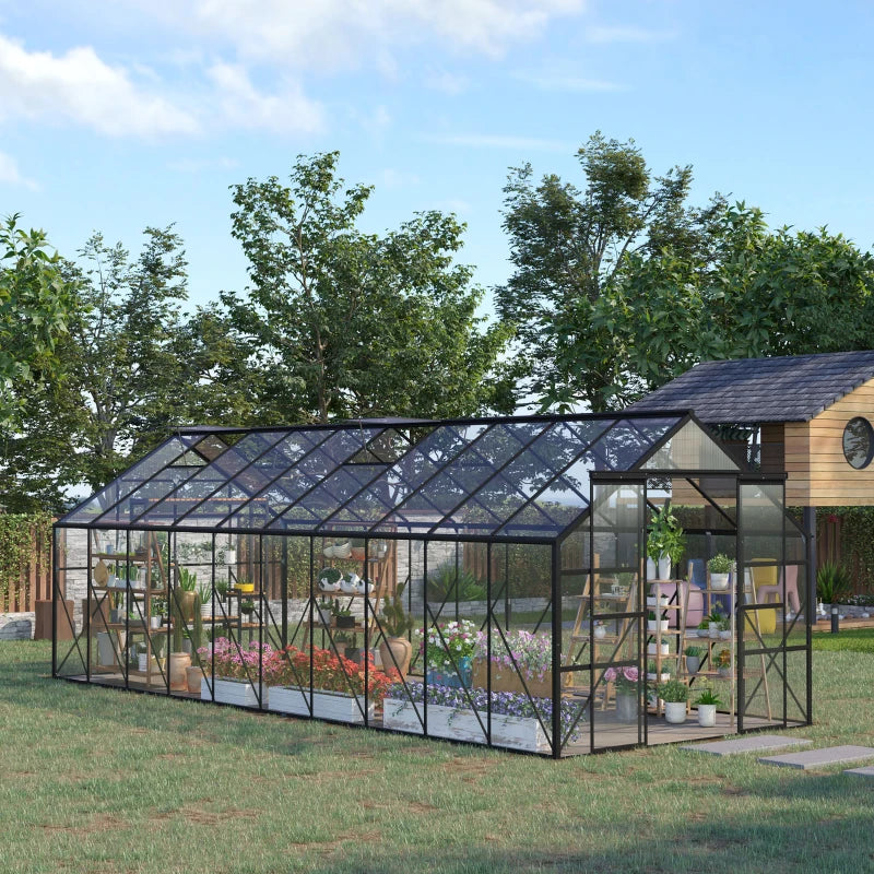 20' x 8' x 6.9' Walk-in Greenhouse with Adjustable Roof Vent, Rain Gutter and Sliding Door for Winter, Large Aluminum Greenhouse, Clear