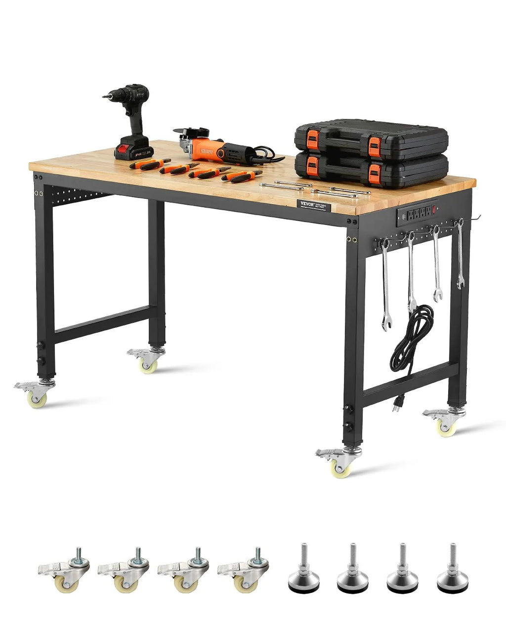 VEVOR 48" Workbench on Wheels Adjustable Height Table with Power Outlet & Pegboard