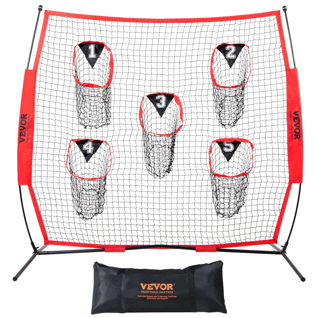 VEVOR 6 x 6 ft Football Trainer Throwing Net, Training Throwing Target Practice Net with 5 Target Pockets, Knotless Net Includes Bow Frame and Portable Carry Case, Improve QB Throwing Accuracy, Red