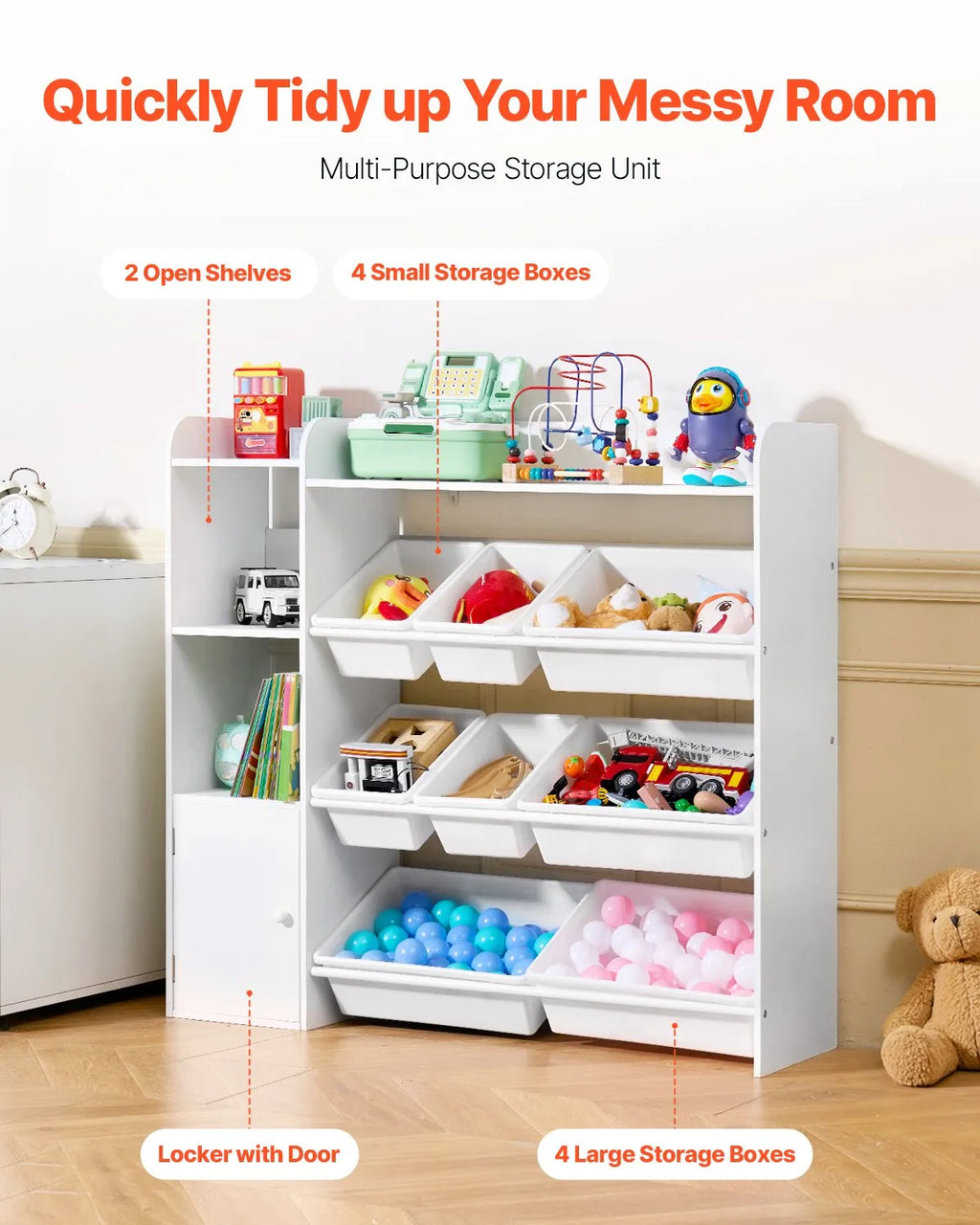 VEVOR 4-Tier Kids Toy Storage and Bookshelf with 8 Flexible Plastic Bins White