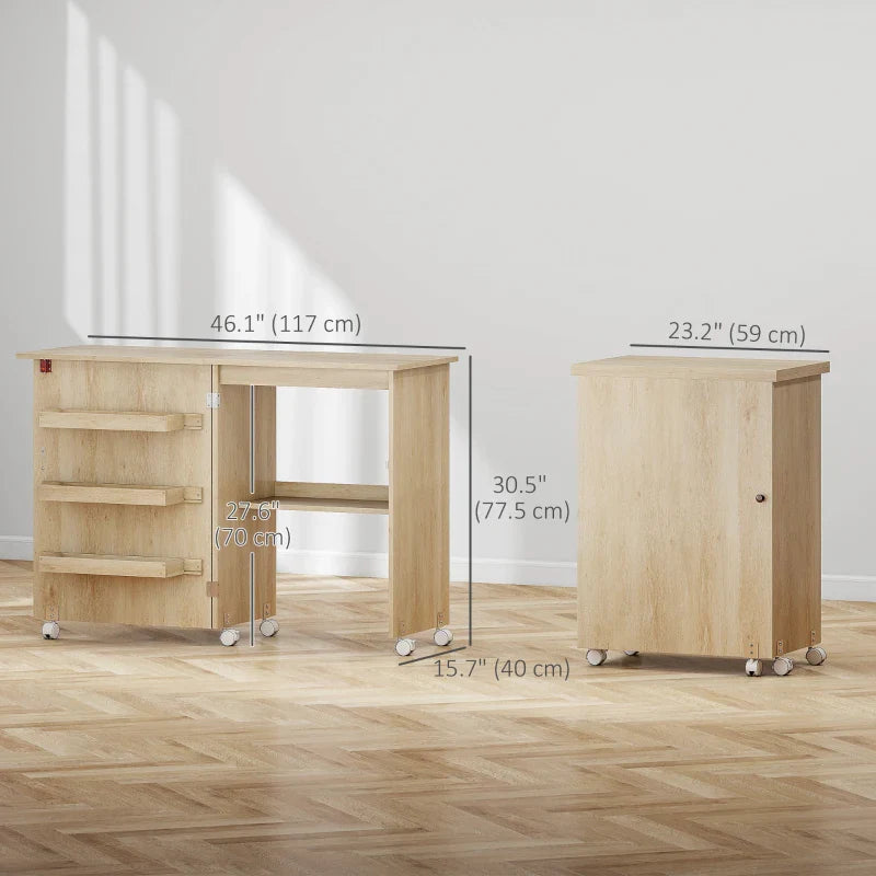 Sewing Machine Cabinet, Folding Sewing Table with Storage Shelf, Bins and Lockable Wheels for Small Space, Nature Wood