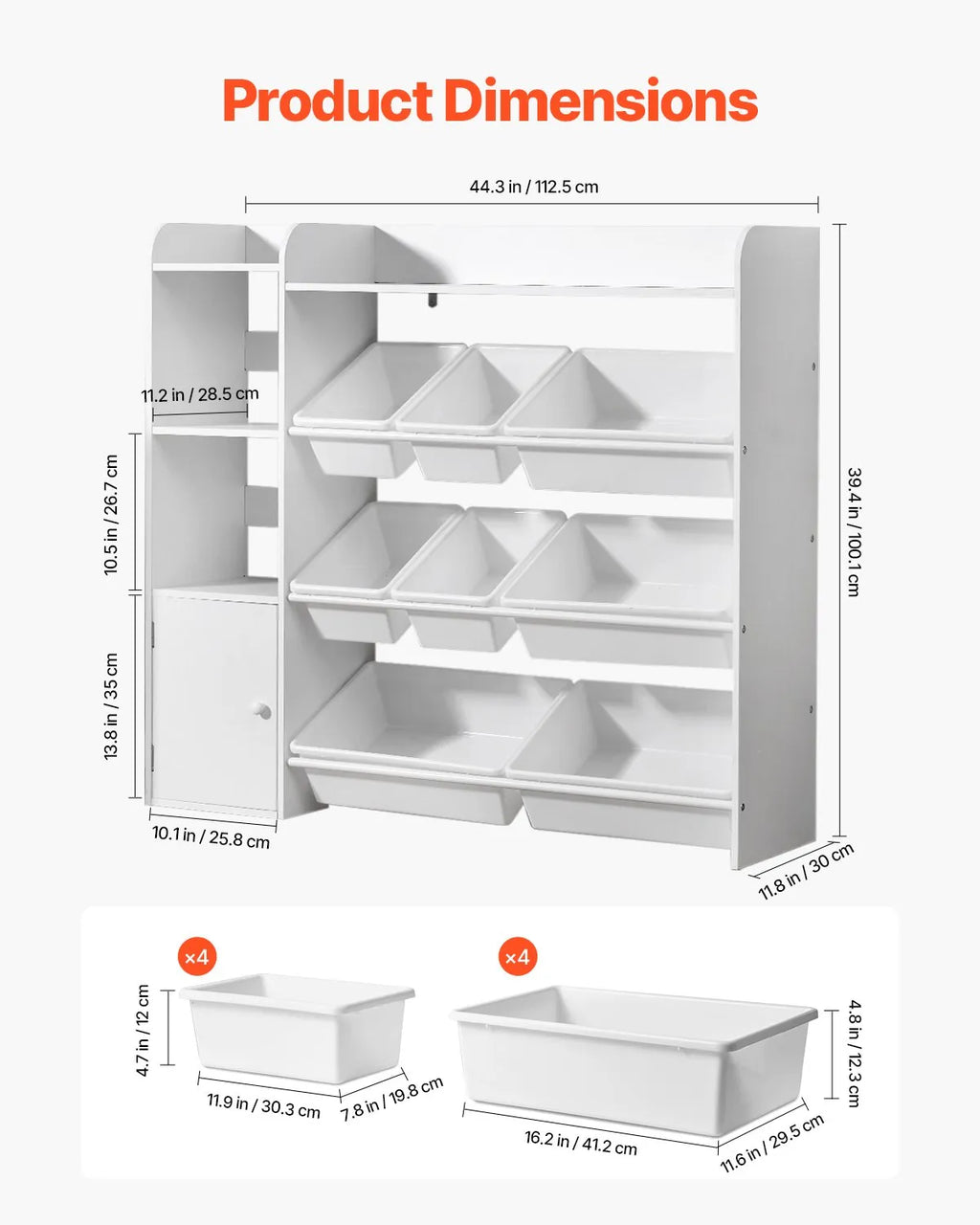 VEVOR 4-Tier Kids Toy Storage and Bookshelf with 8 Flexible Plastic Bins White
