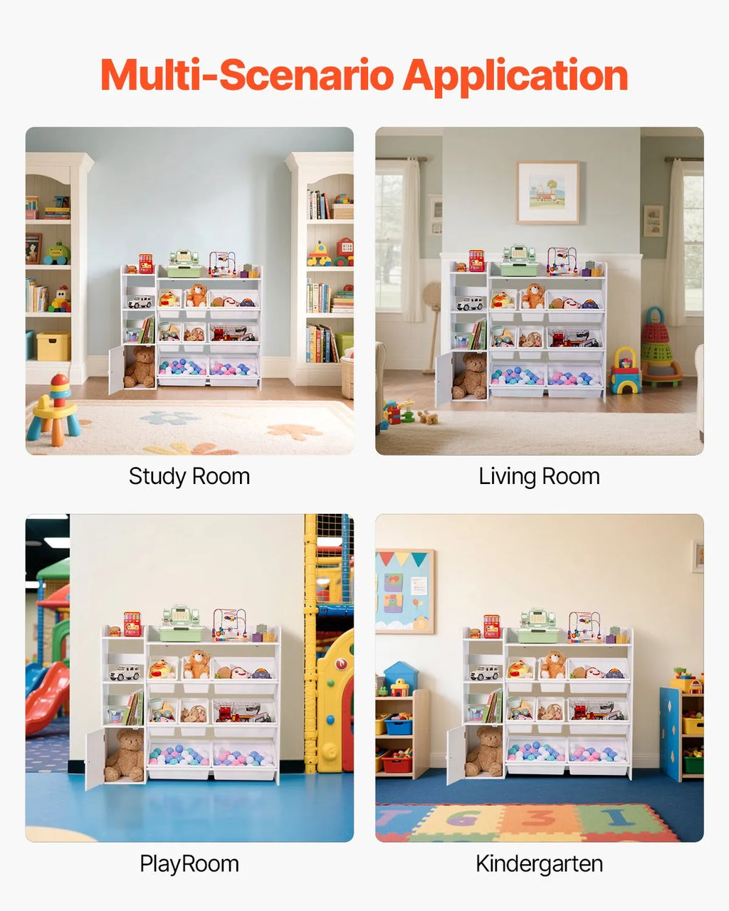 VEVOR 4-Tier Kids Toy Storage and Bookshelf with 8 Flexible Plastic Bins White