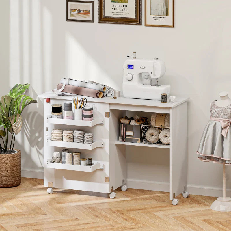 Sewing Machine Cabinet, Folding Sewing Table with Storage Shelf, Bins and Lockable Wheels for Small Space, White