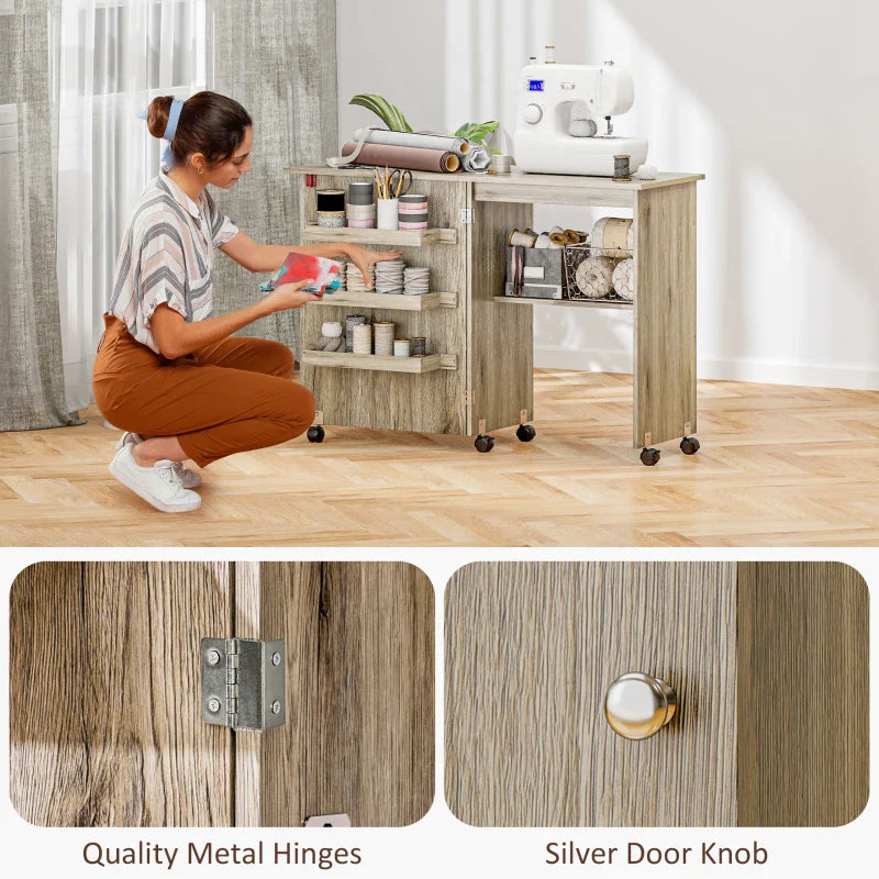 Sewing Machine Cabinet, Folding Sewing Table with Storage Shelf, Bins and Lockable Wheels for Small Space, Grey