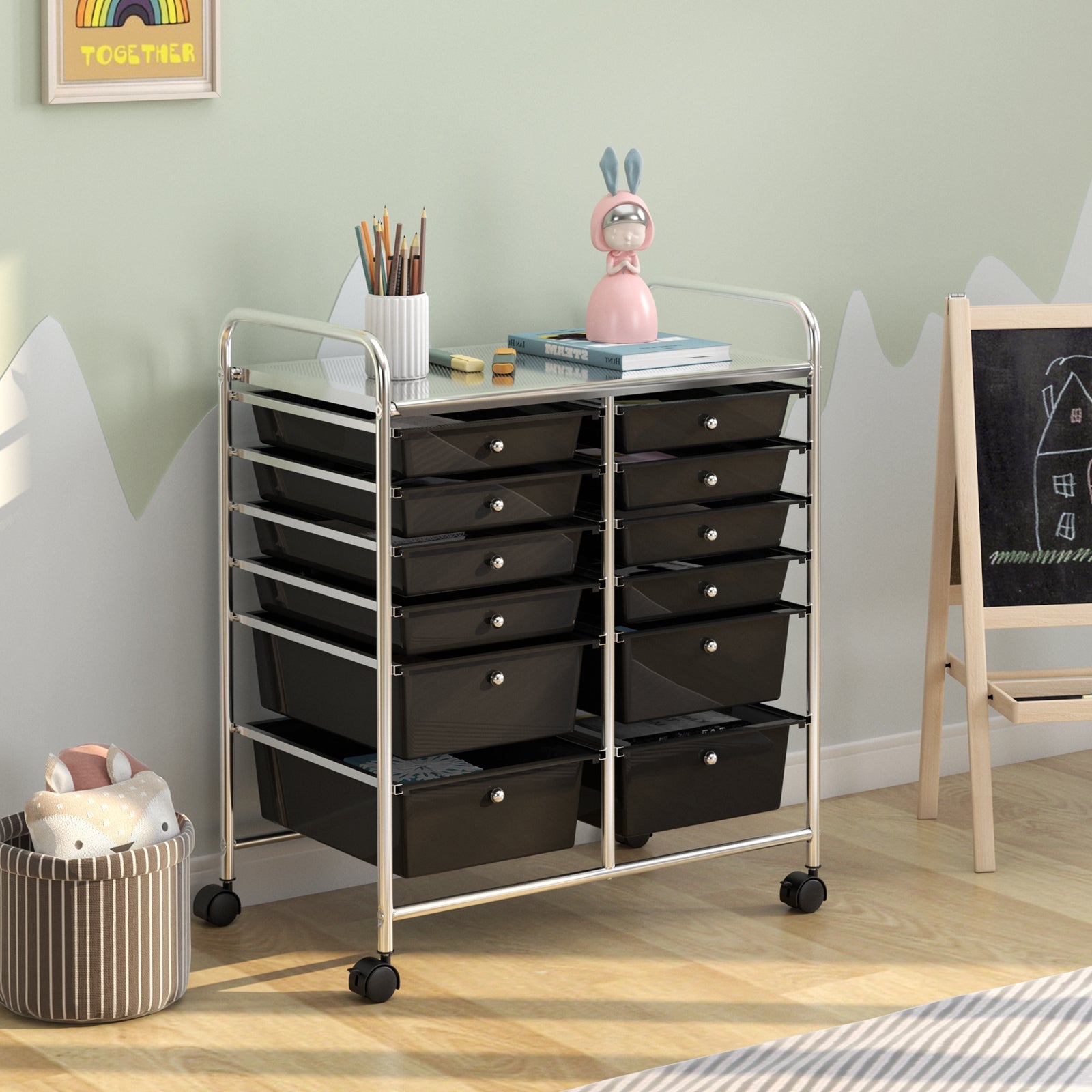 12 Storage Drawer Organizer Bins Rolling Cart-Black