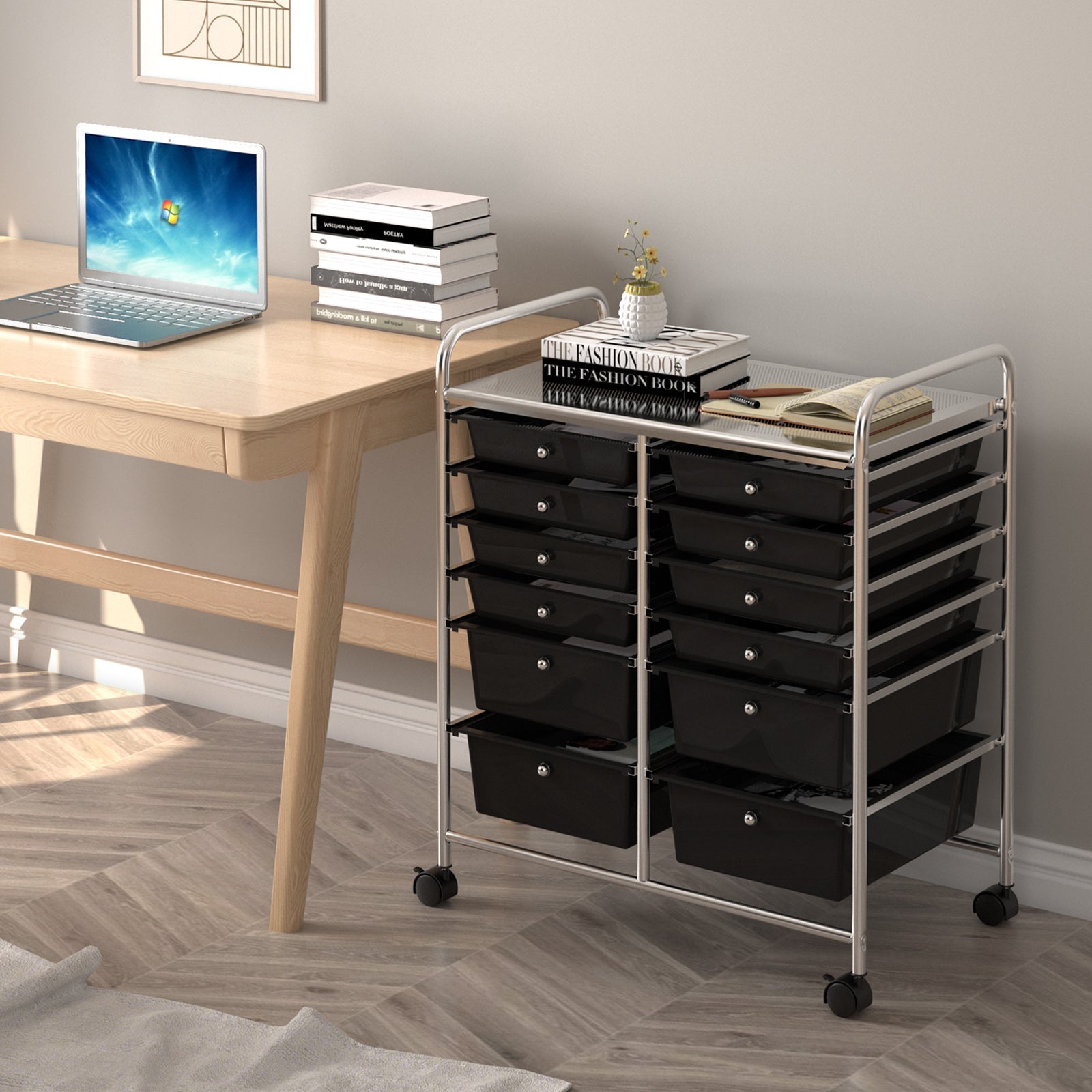 12 Storage Drawer Organizer Bins Rolling Cart-Black
