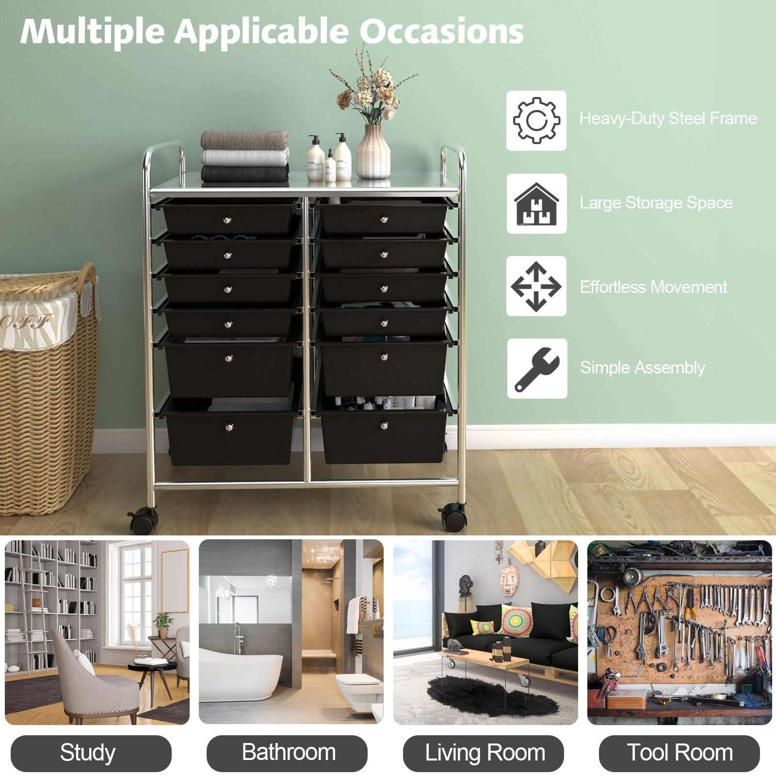 12 Storage Drawer Organizer Bins Rolling Cart-Black