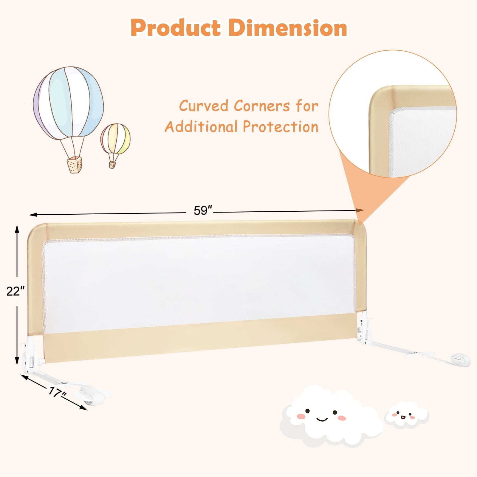 59 Inch Extra Long Folding Breathable Baby Children Toddlers Bed Rail Guard with Safety Strap-Beige