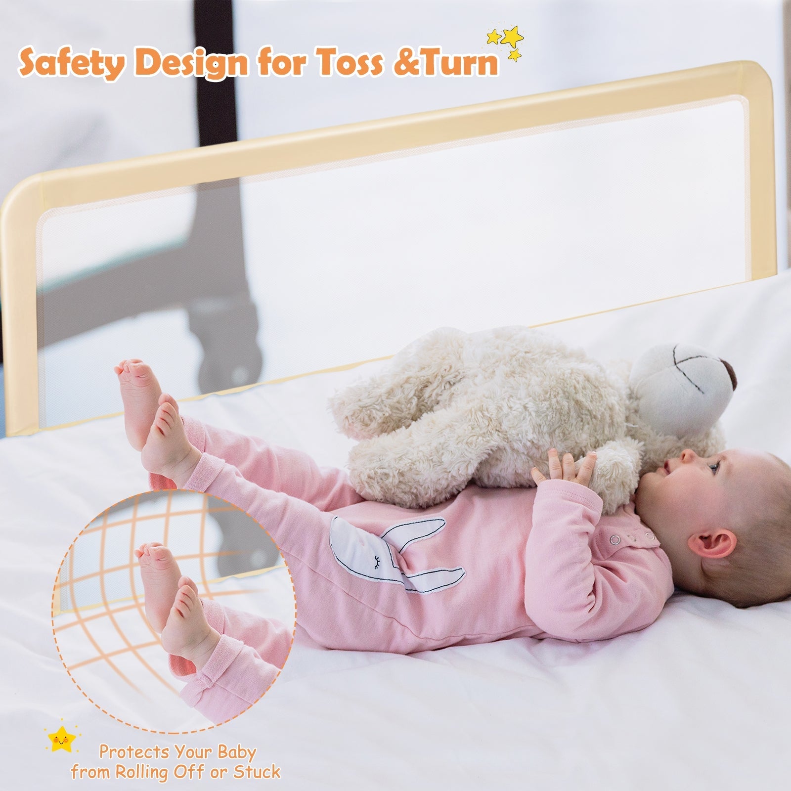 59 Inch Extra Long Folding Breathable Baby Children Toddlers Bed Rail Guard with Safety Strap-Beige