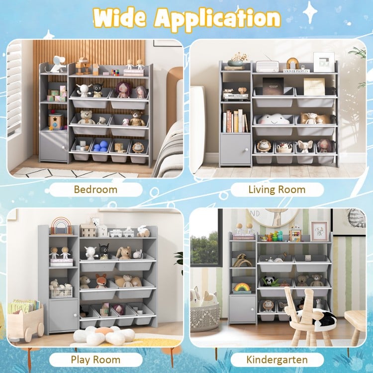 4-Tier Kids Bookshelf and Toy Storage Rack with 8 Toy Organizer Bins-Grey