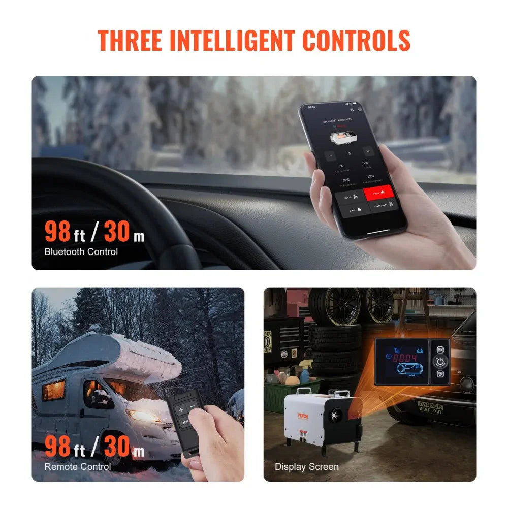 VEVOR 8KW Diesel Heater, 12V/24V All-in-One Air Heater, Bluetooth App, Remote & Display, CO Alarm, Fast Heating Horizontal Portable Heater for Vehicles & Garage