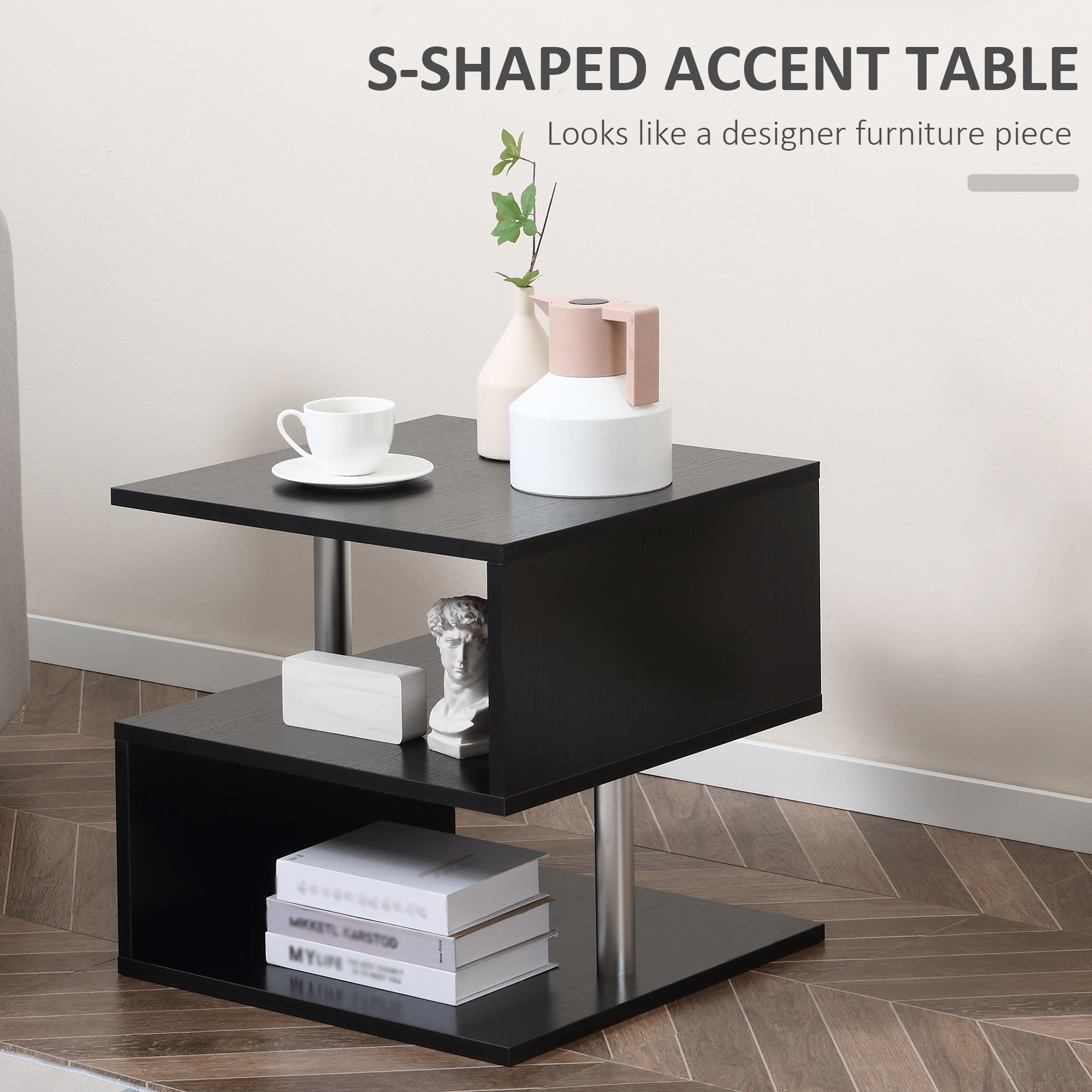 Caelan Wooden S Shape End Table with 3 Tier Storage Shelves-Black
