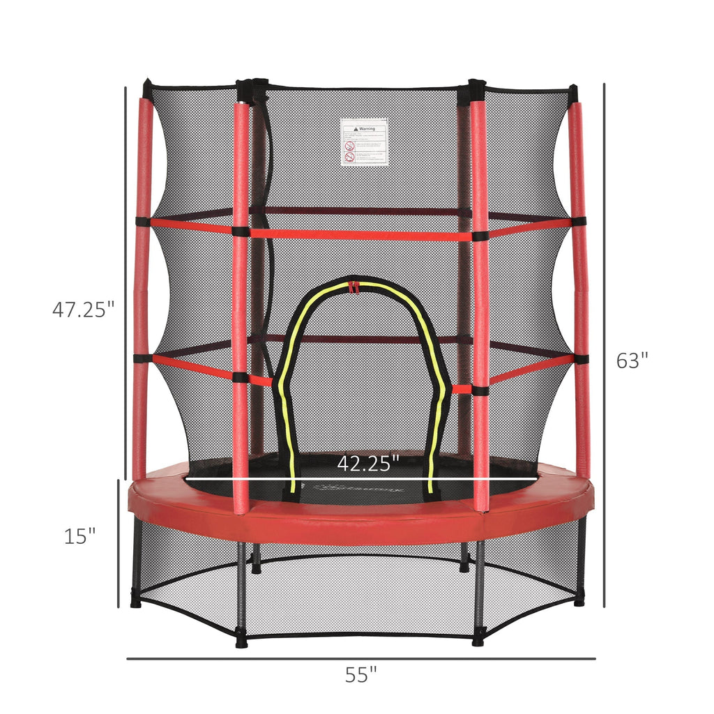 Outsunny 55" Kids Trampoline with Enclosure Net for Indoor/Outdoor, Trampoline for Boys and Girls Age 3-6 Years, Red