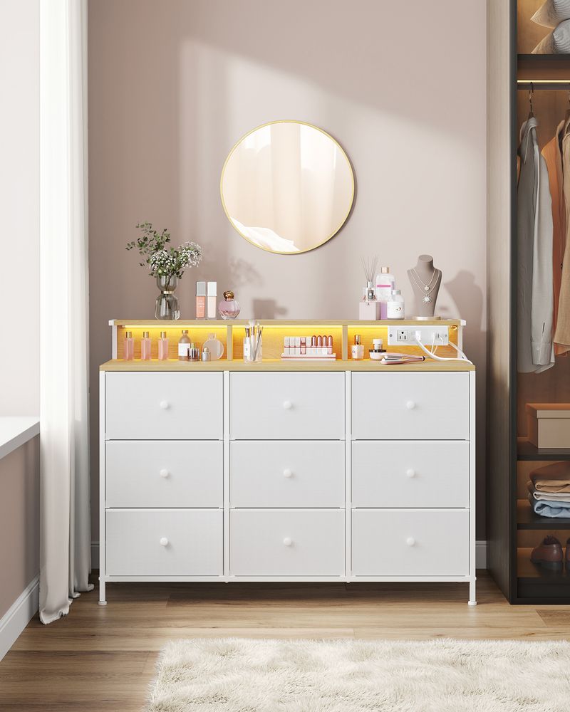 SONGMICS Storage Organizer with 9 Fabric Drawers and LED Lights