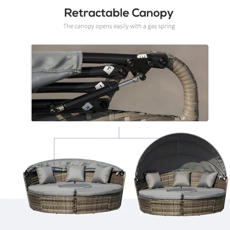 Outsunny 4 Pieces Outdoor Daybed with Retractable Canopy, PE Rattan Wicker Round Sofa Day Bed, Patio Sectional Conversation Furniture Set with Cushions and Pillows, Grey