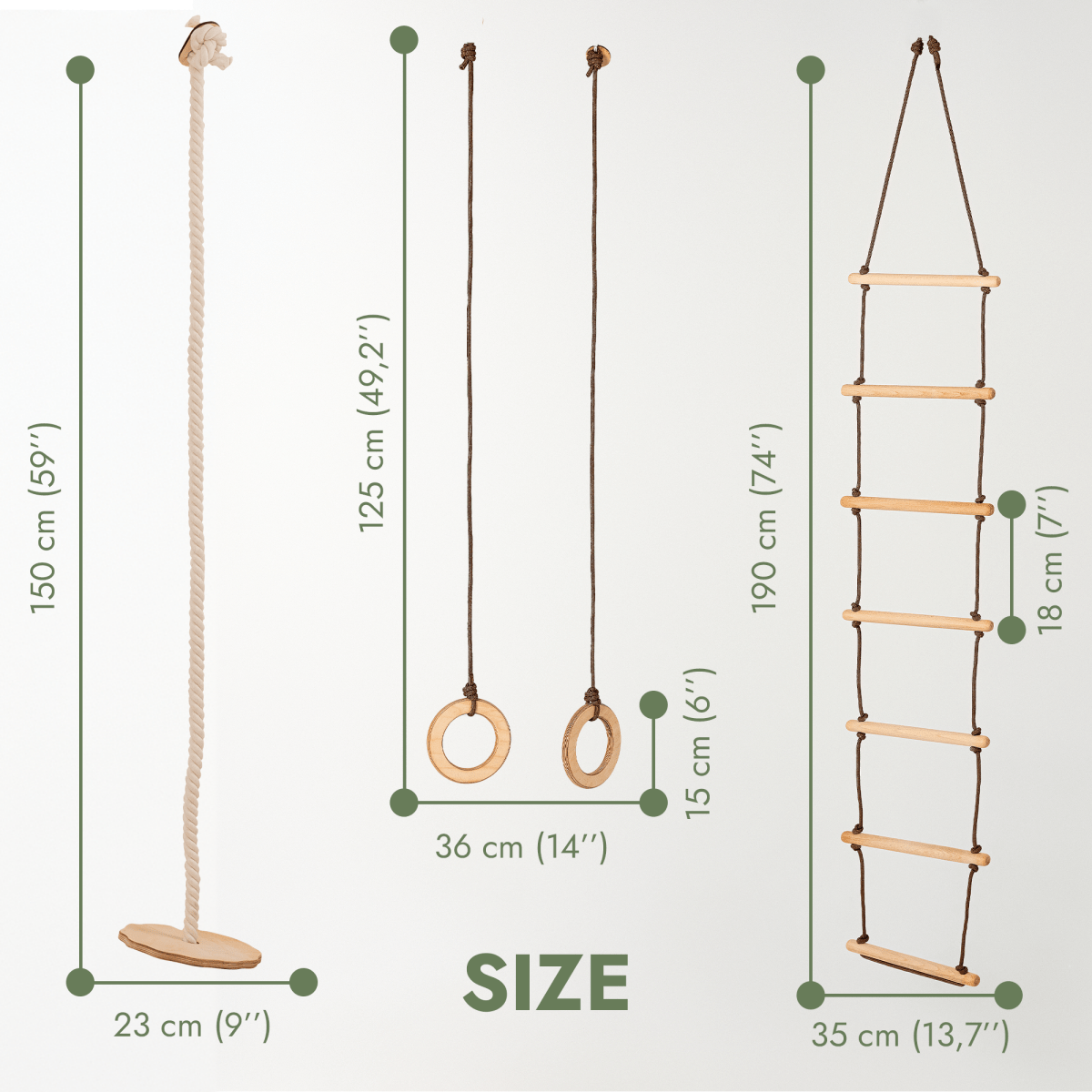3in1 Swings Set: Rope Ladder + Gymnastic Rings + Disc Rope Swing