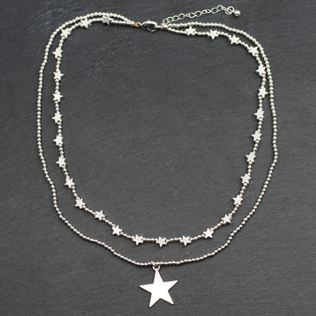 Silver Plate Double Strand Star Charm Necklace