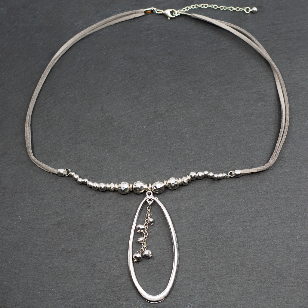 Silver Plate Oval Beaded Pendant Necklace On Suede