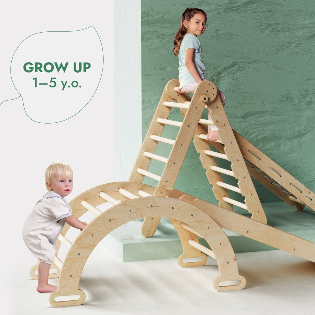 4in1 Montessori Climbing Frame Set: Triangle Ladder + Arch/Rocker + Slide Board/Ramp + Netting rope
