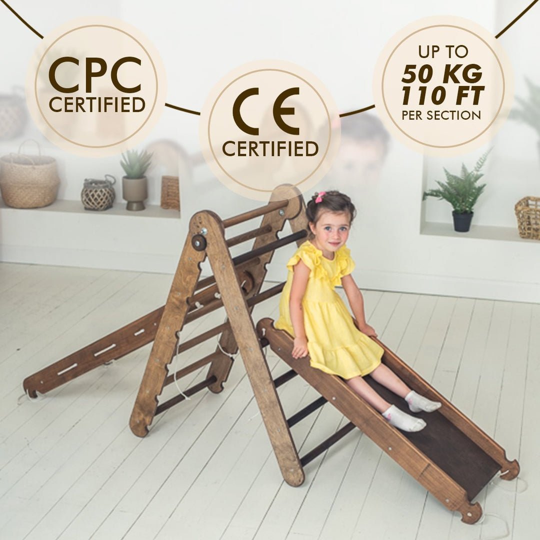 4in1 Montessori Climbing Set: Triangle Ladder + Arch/Rocker + Slide Board/Ramp + Net – Chocolate