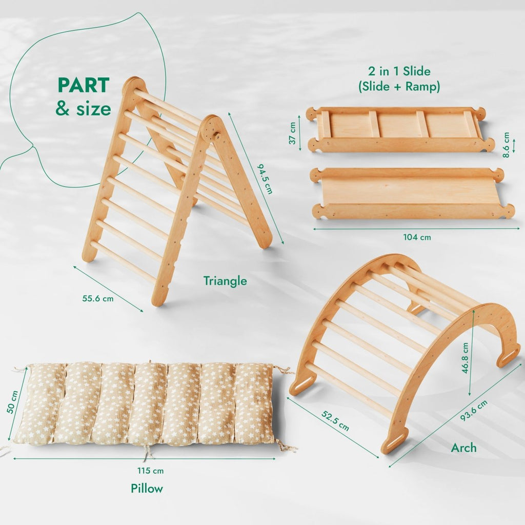 4in1 Montessori Climbing Set: Triangle Ladder + Climbing Arch + Slide Board + Cushion Beige