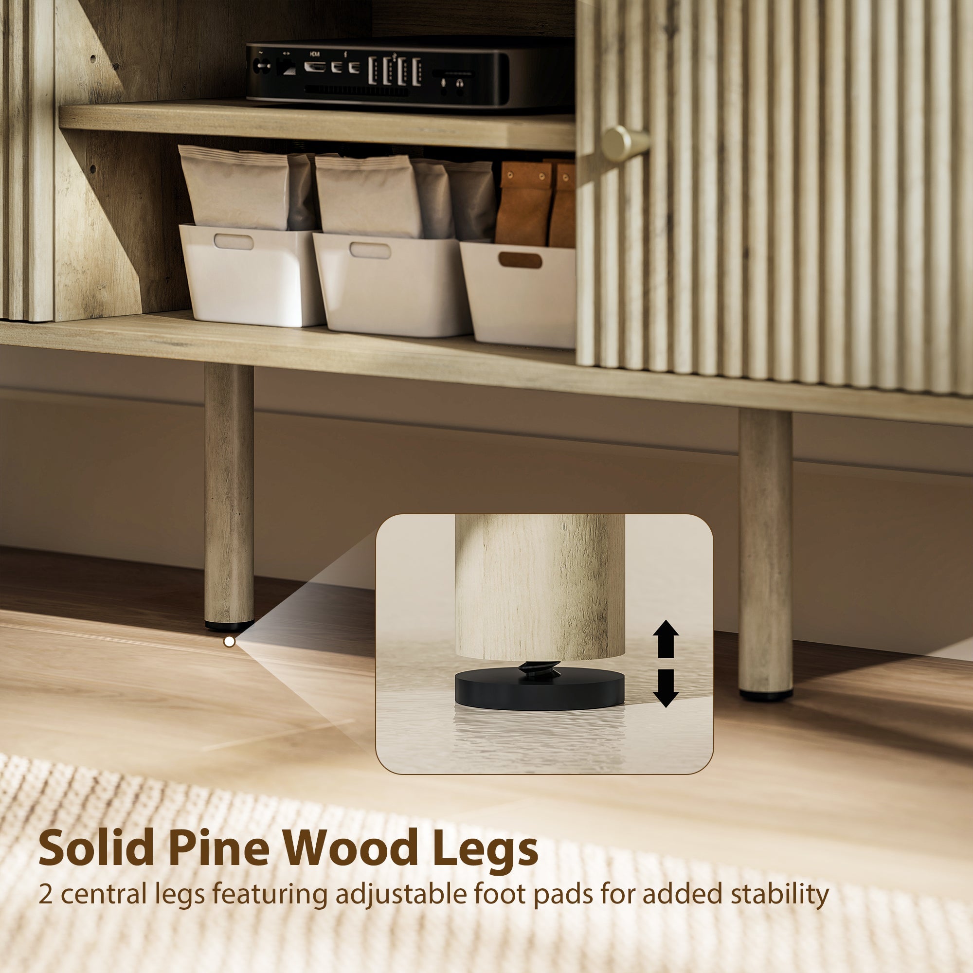 Birch TV Stand for Televisions up to 65" with Adjustable Shelves and Pine Wood Legs-Oak