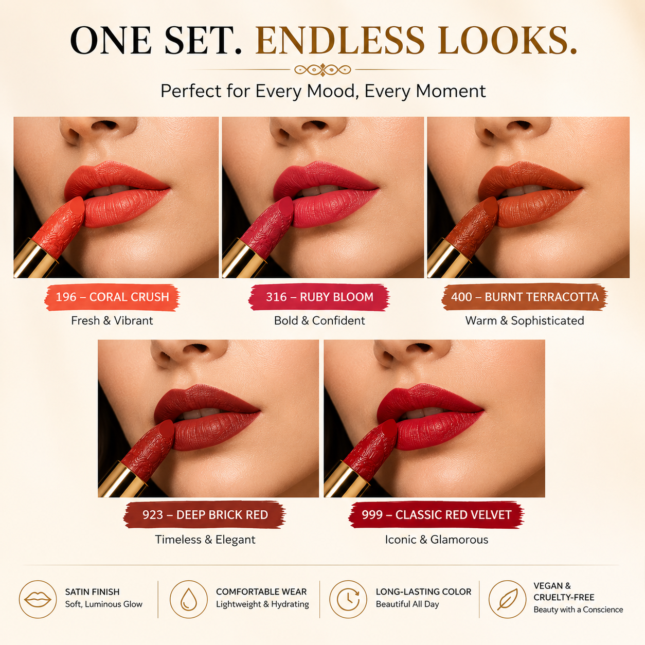 Soft Mist Satin Lipstick Set – 5 Vegan Shades