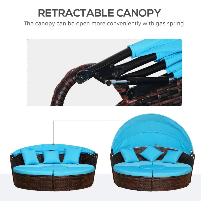 Outsunny 4 Pieces Outdoor Daybed with Retractable Canopy, PE Rattan Wicker Round Sofa Day Bed, Patio Sectional Conversation Furniture Set with Cushions and Pillows, Light Blue