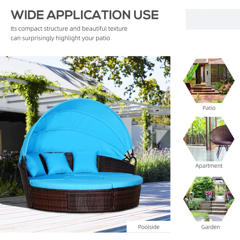 Outsunny 4 Pieces Outdoor Daybed with Retractable Canopy, PE Rattan Wicker Round Sofa Day Bed, Patio Sectional Conversation Furniture Set with Cushions and Pillows, Light Blue