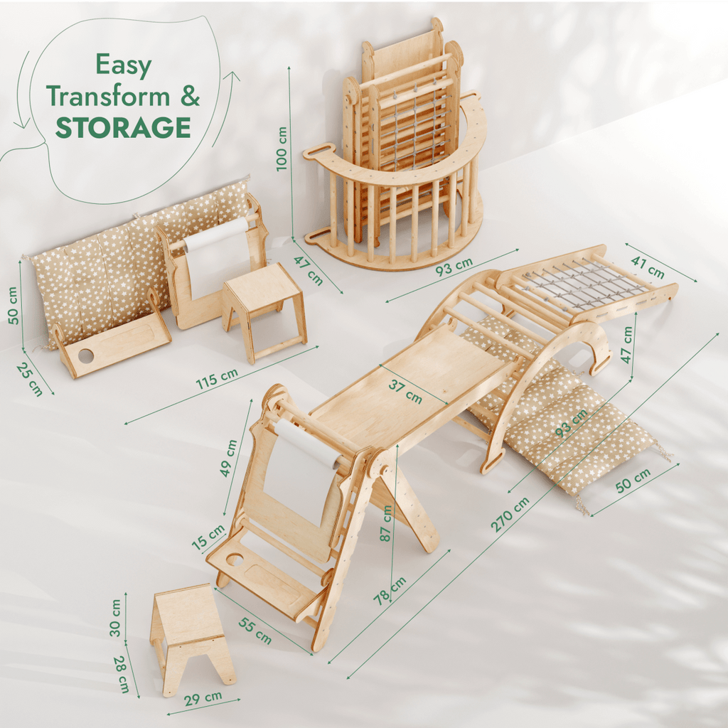 6in1 Montessori Climbing Frame Set: Triangle Ladder + Arch/Rocker + Slide/Ramp + Net + Cushion + Art Addition