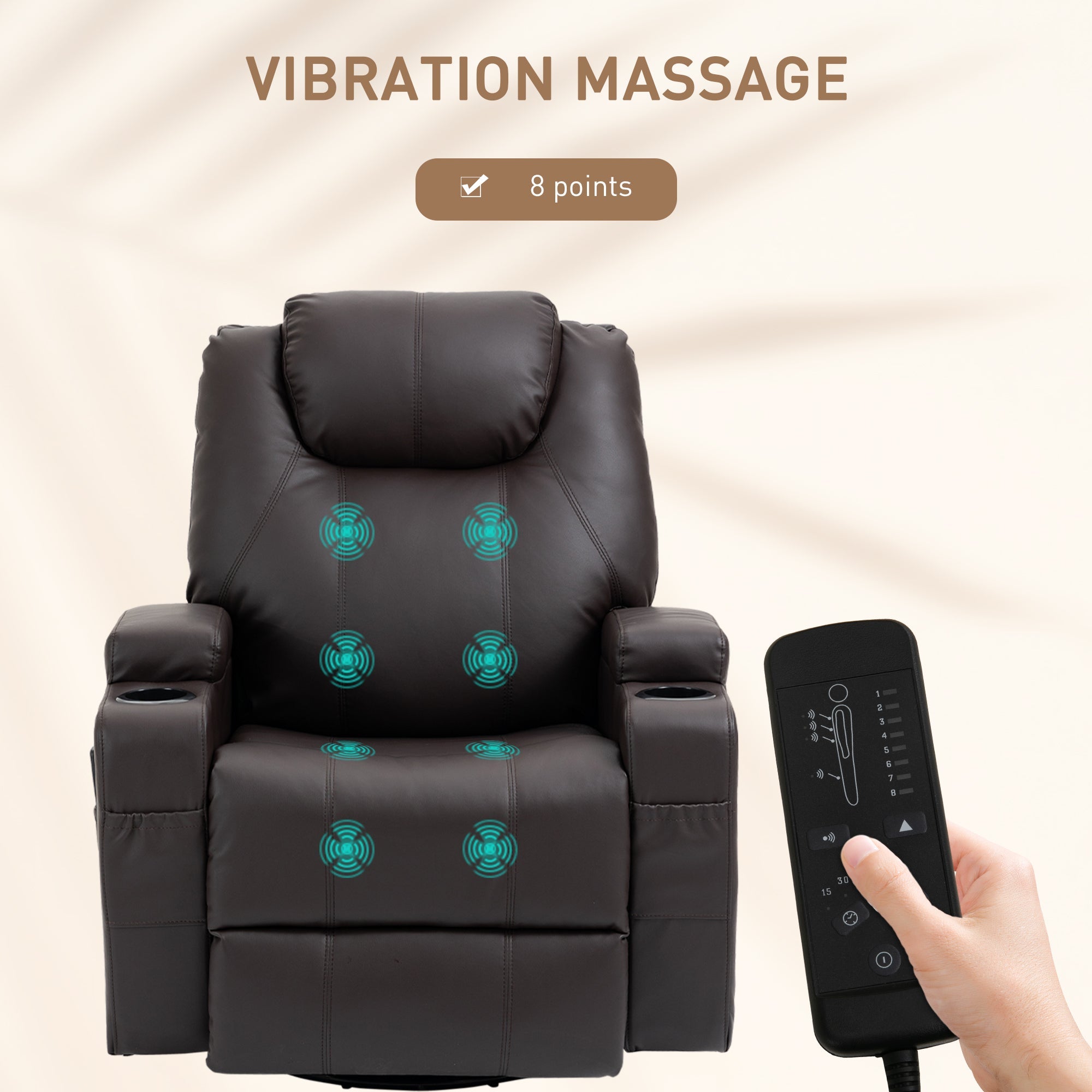 Brady Massage Recliner Chair with Swivel, Rocker Features and 8 Vibration Points-Brown
