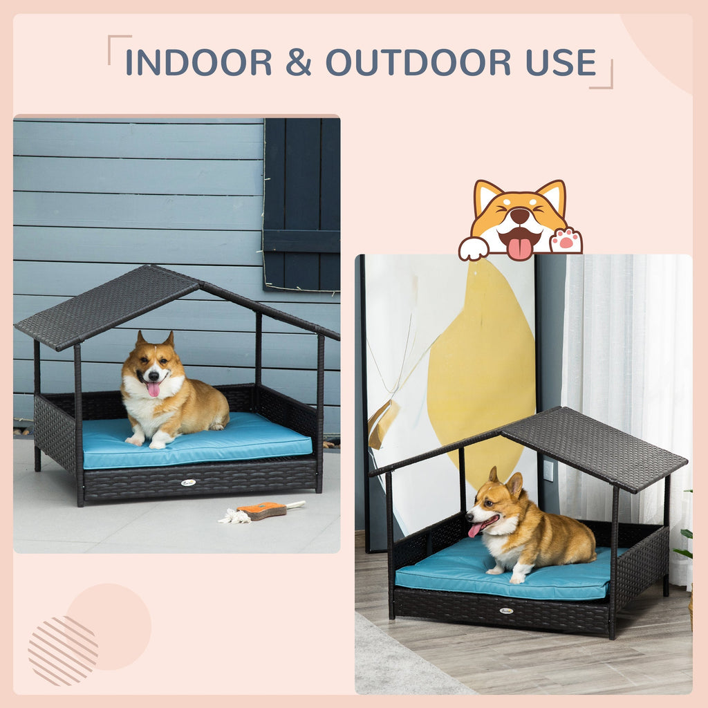 Outsunny PawHut Wicker Dog House Raised Rattan Pet Bed Indoor Outdoor Sofa with Cushion Medium Blue