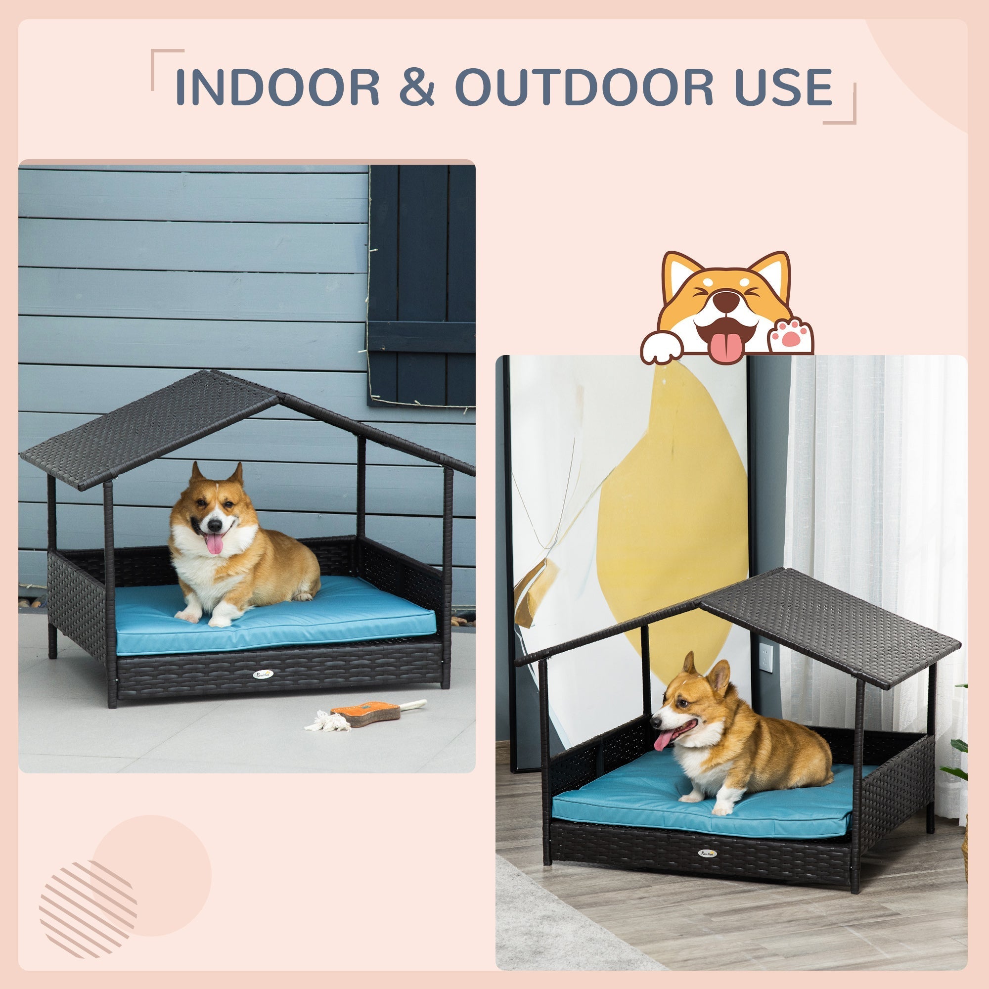 Outsunny PawHut Wicker Dog House Raised Rattan Pet Bed Indoor Outdoor Sofa with Cushion Medium Blue