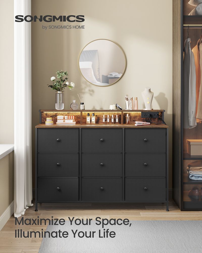 SONGMICS Storage Organizer with 9 Fabric Drawers and LED Lights
