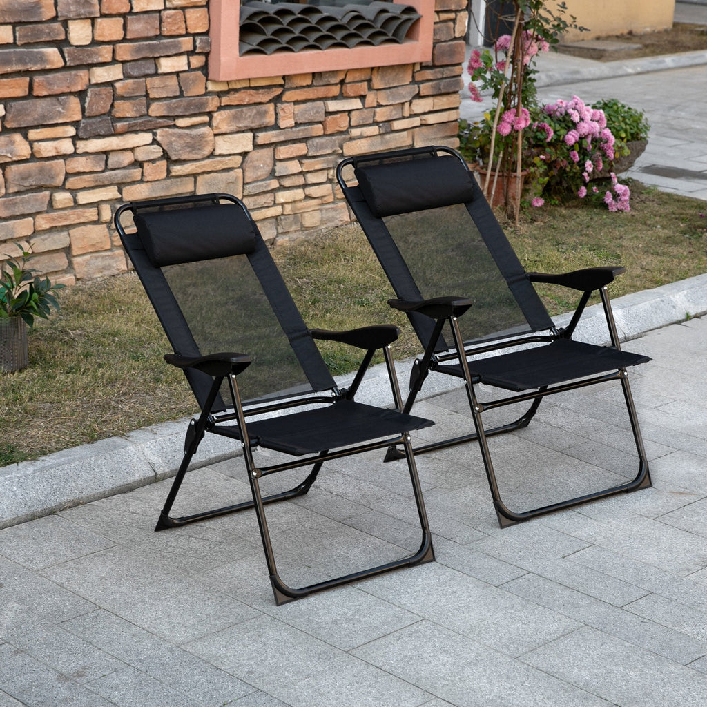 Outsunny Dual Camping Delight: Double Foldable Reclining Camping Chairs with Headrest, Black