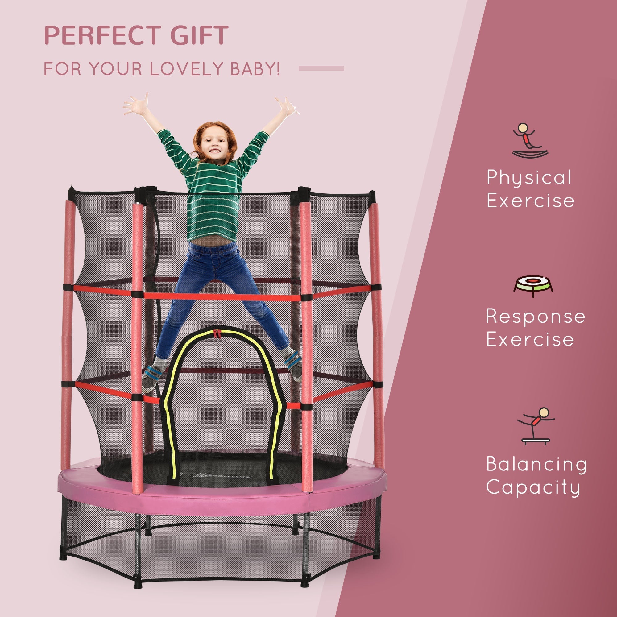 Outsunny 55" Kids Trampoline with Enclosure Net for Indoor/Outdoor, Trampoline for Boys and Girls Age 3-6 Years, Pink