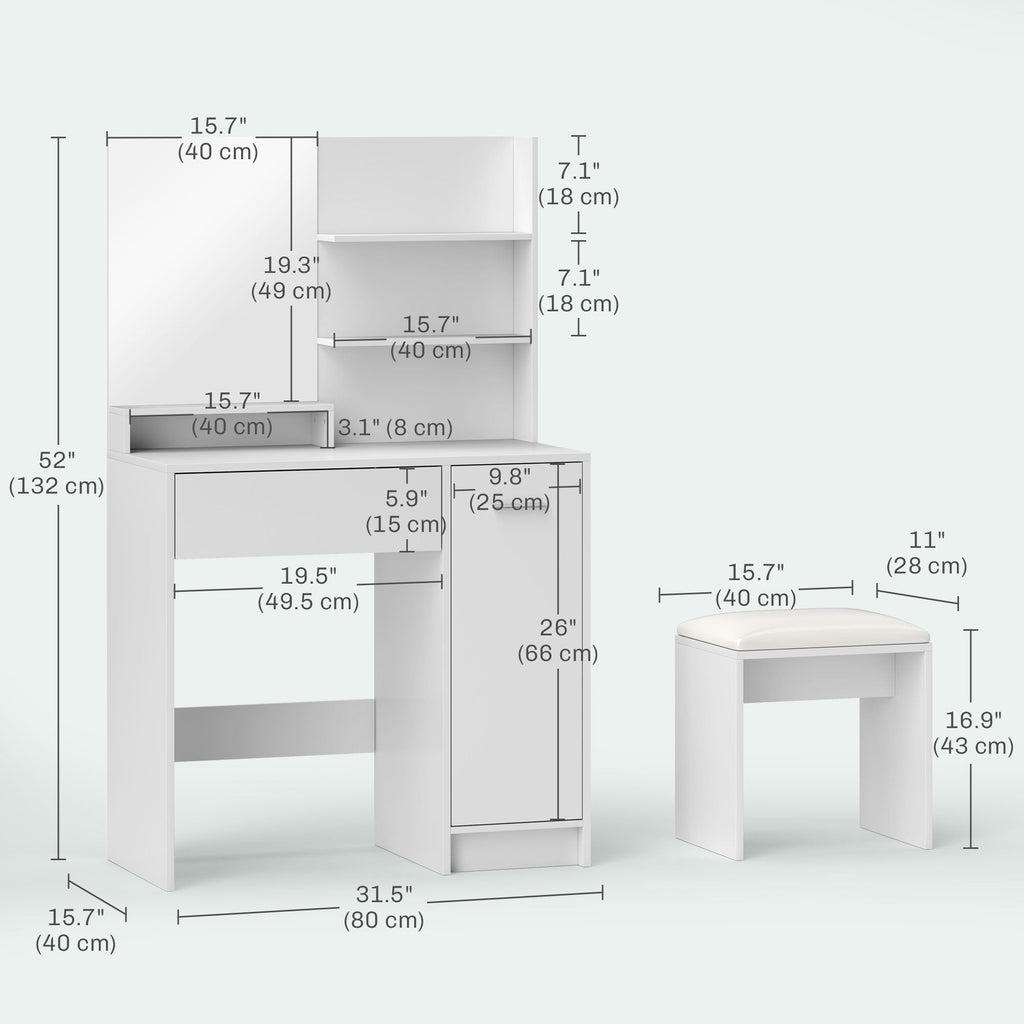 Elise Makeup Vanity Set with Mirror, Stool and Adjustable Shelves-White