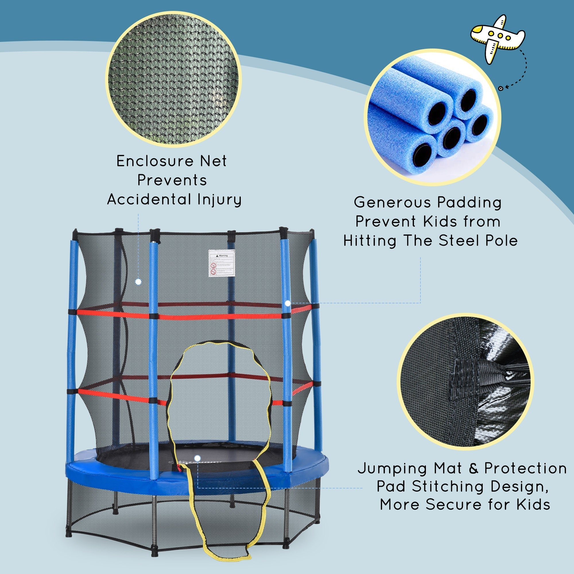 Outsunny 55" Kids Trampoline Enclosure Net Steel Frame Indoor Round Bouncer Rebounder 3-6 Years Blue Toy