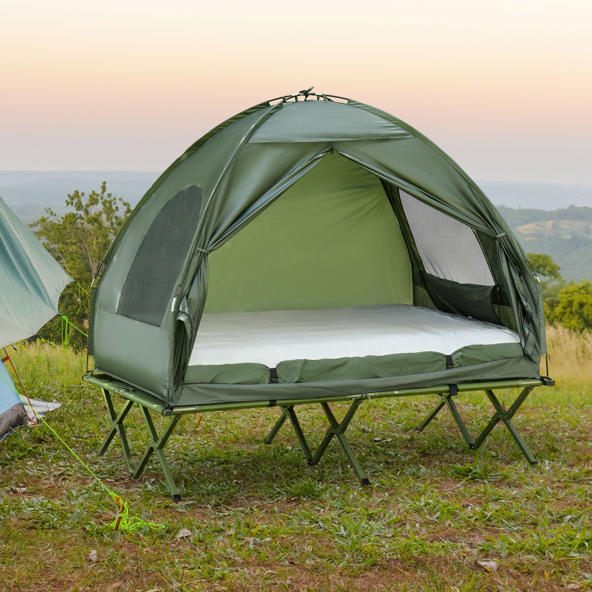 Outsunny Camping Combo Set All in 1 Portable Folding Tent Cot Air Mattress Carry Bag Pump Sleeping Shelter Dark Green