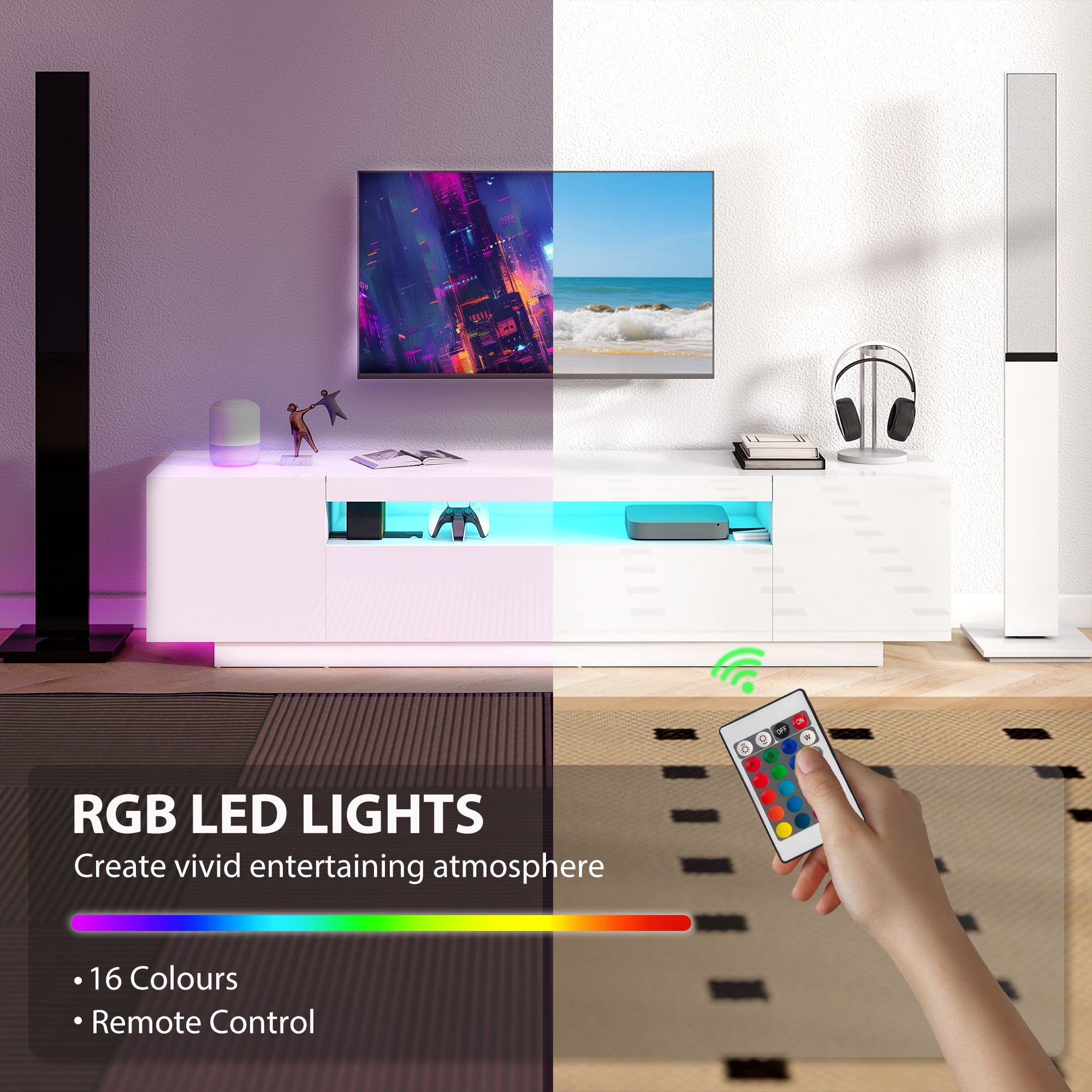 Greer Modern TV Stand with RGB LED Lights-for 65-85" TVs-High Gloss White