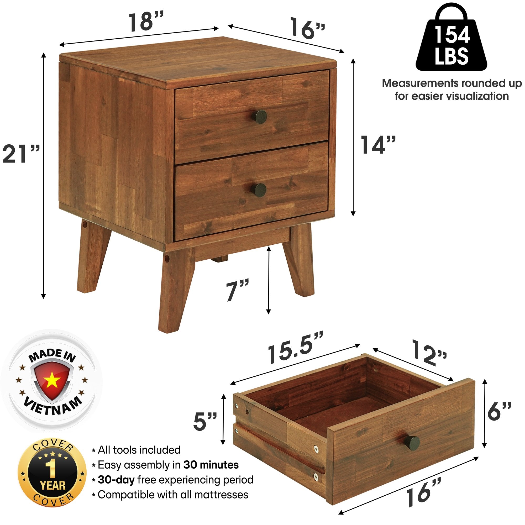 Silvia 2-Drawer Solid Wood Nightstand