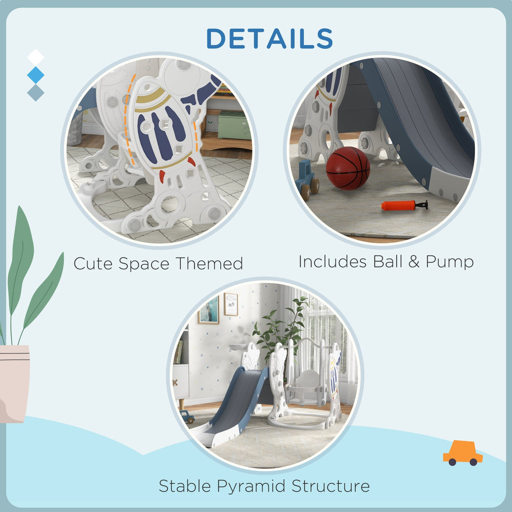 Qaba Galactic Playtime: 3 in 1 Toddler Swing Slide Set with Basketball Hoop, Indoor Playground Space Theme, White Blue Finish