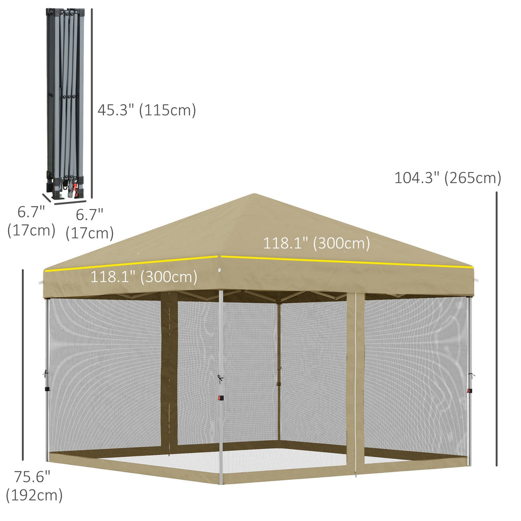 Outsunny 10' x 10' Pop-Up Party Tent Outdoor Canopy Tent with Mesh Sidewalls, 3-Level Adjustable Height, Roller Bag, Khaki