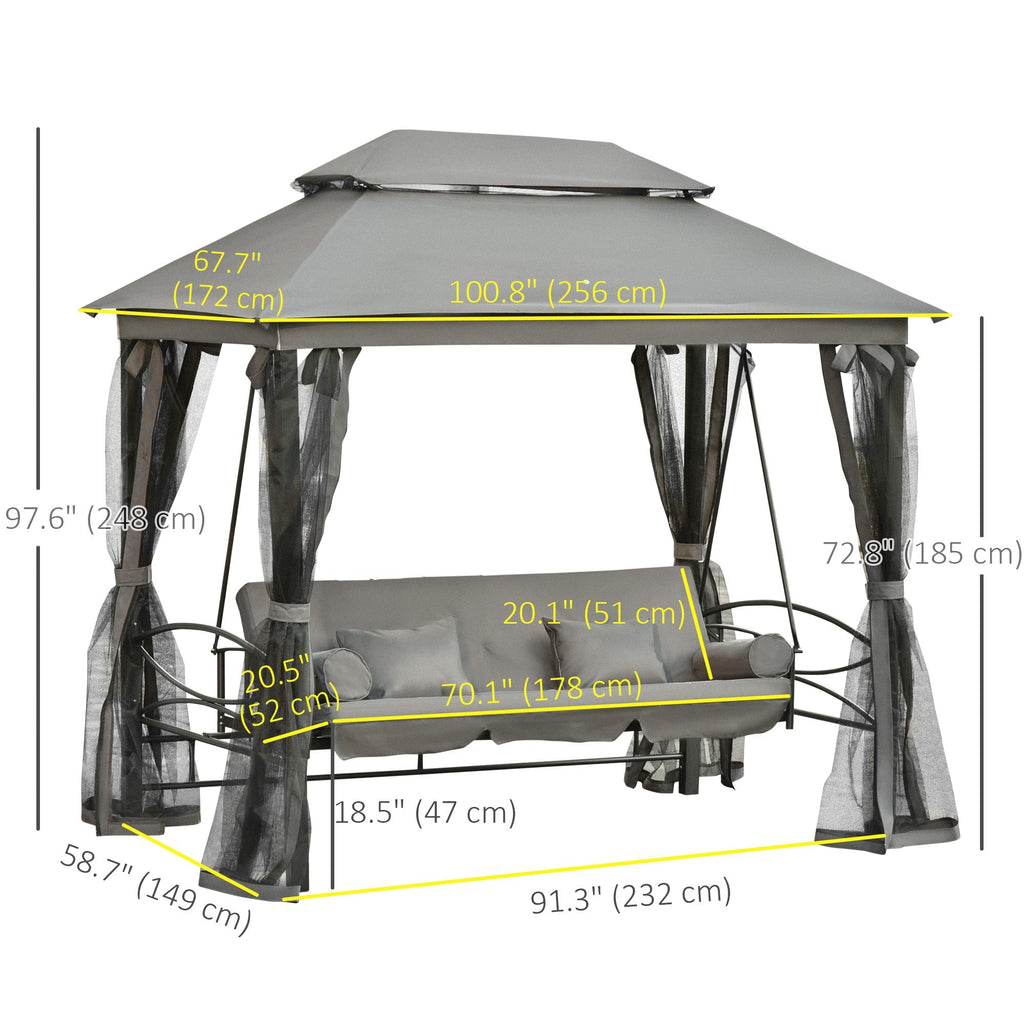 Outsunny 3 Person Outdoor Patio Daybed 3 in 1 Canopy Gazebo Swing Chair Garden Hammock with Mesh Mosquito Net and Sun Shade Grey