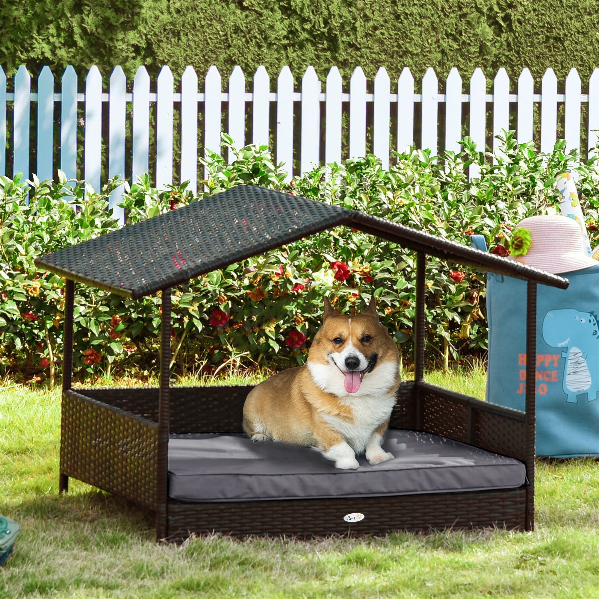 Outsunny PawHut Elevated Rattan Dog Bed Pet Home Indoor Outdoor Wicker Dog Cot Dog House Sofa Bed w/ Padded Cushion Roof Shelter Grey
