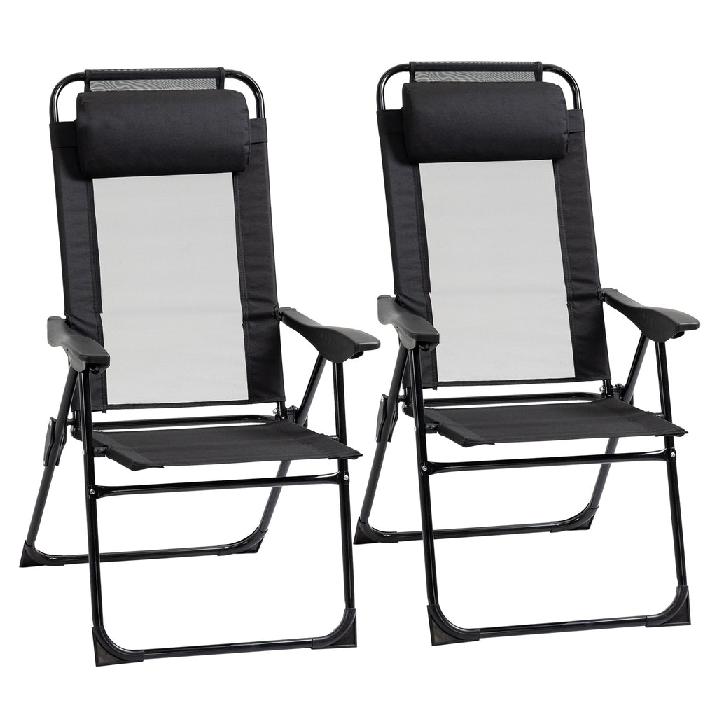 Outsunny Dual Camping Delight: Double Foldable Reclining Camping Chairs with Headrest, Black