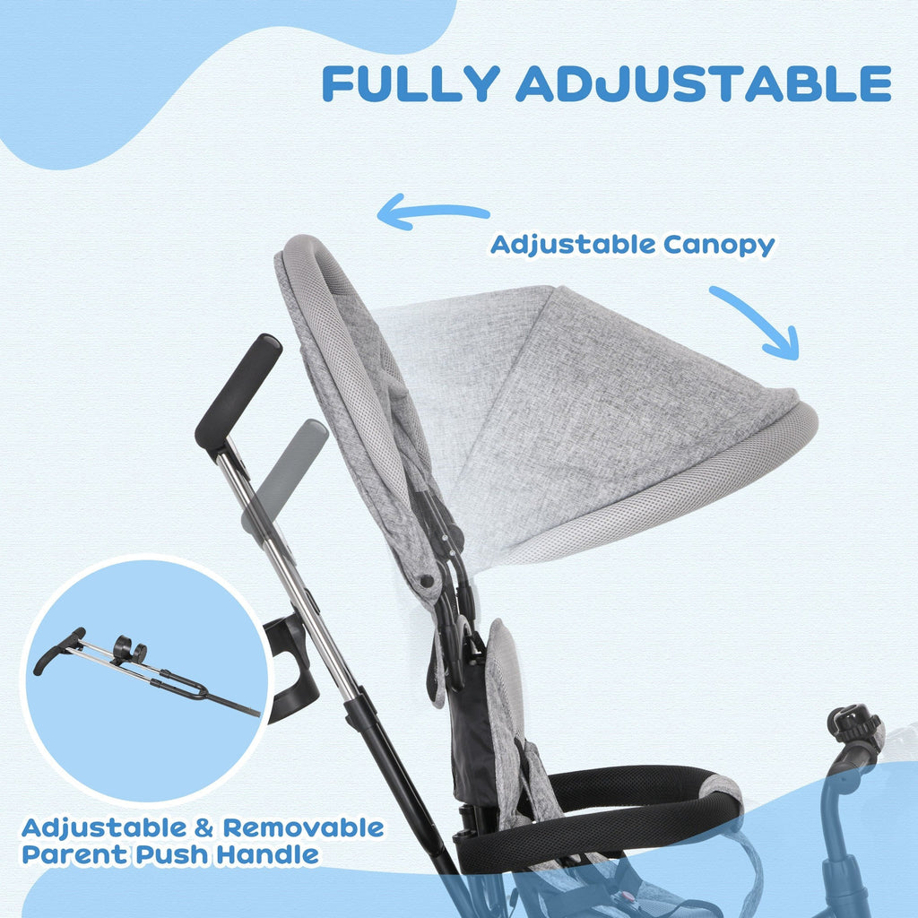 Qaba 4-in-1 Convertible Toddler Tricycle Stroller with Canopy Basket Safety Harness for Kids 12-60 Months Grey