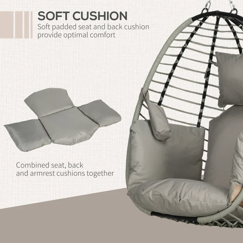Outdoor Hanging Egg Chair with Thick Padded Cushion, Patio Swing Chair, Grey