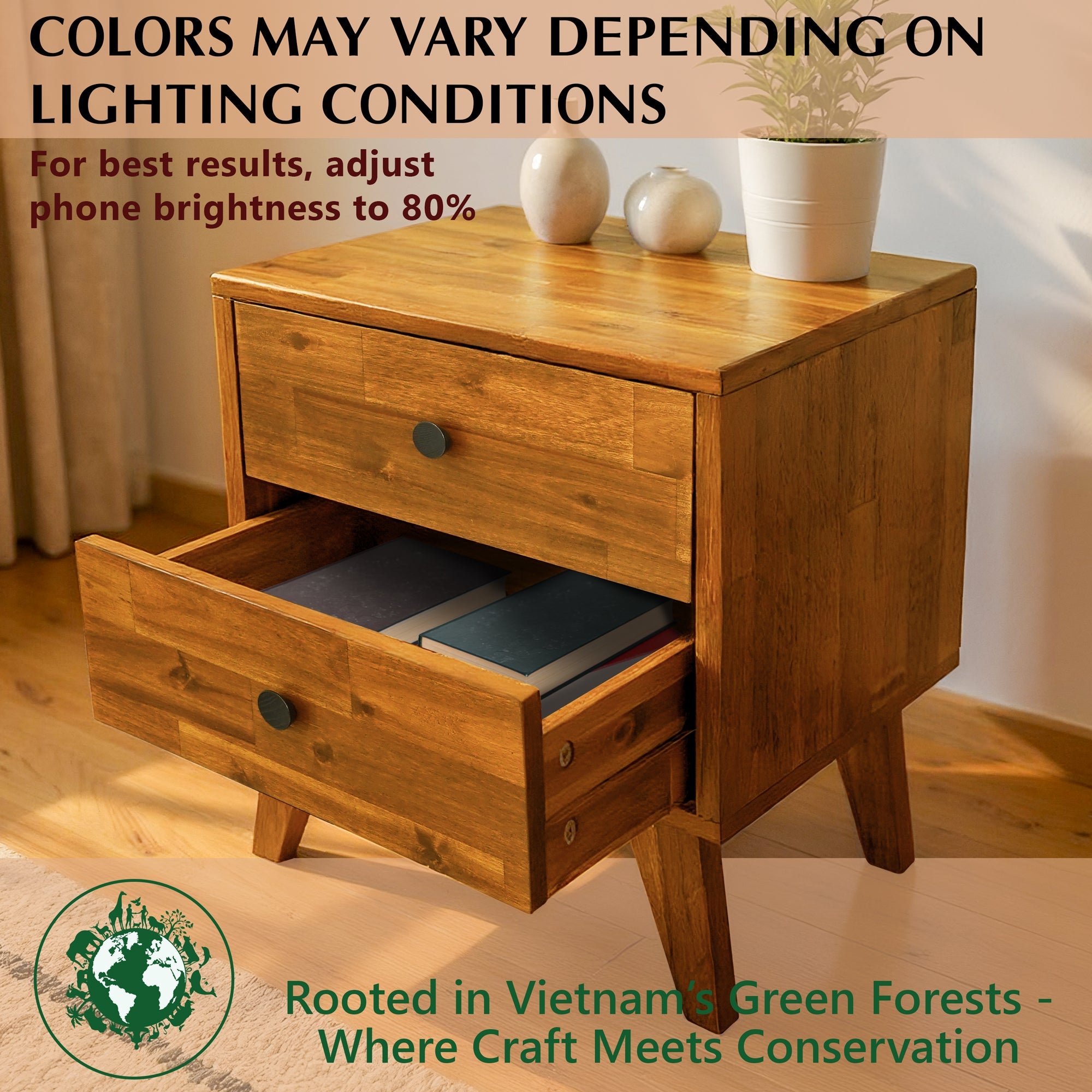 Silvia 2-Drawer Solid Wood Nightstand